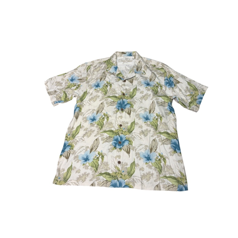 Tommy Bahama Mens Large 100% Silk Blue Hibiscus Floral Camp Shirt Hawaiian
